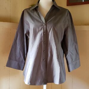 FOXCROFT Gray Office 3/4 Sleeve Non-Iron Fitted Collared Cotton Button-Up 12P